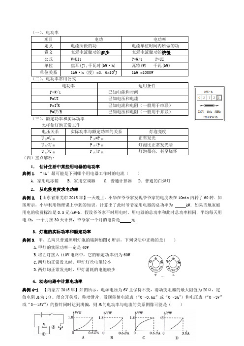 初中物理电功率计算专题复习