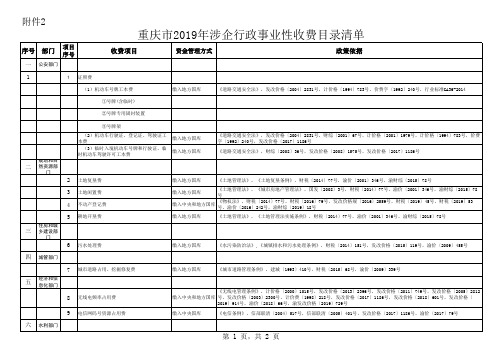 重庆市2019年行政事业性收费目录清单