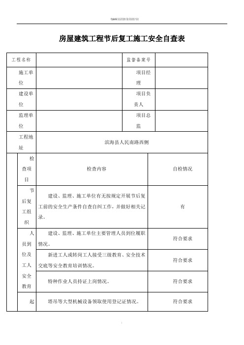 房屋建筑工程节后复工安全自查表54778