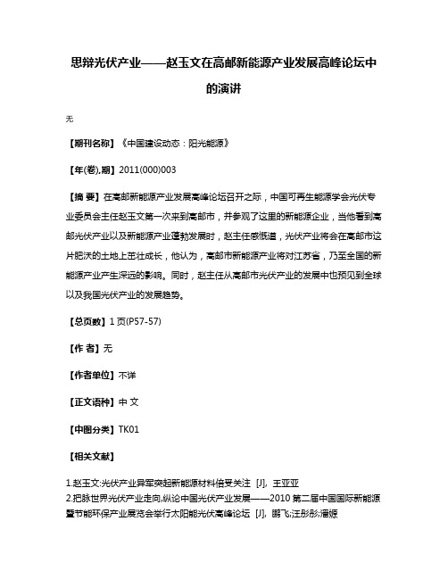 思辩光伏产业——赵玉文在高邮新能源产业发展高峰论坛中的演讲