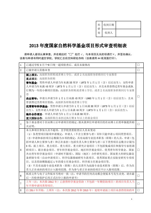 2013年度国家自然科学基金项目形式审查明细表