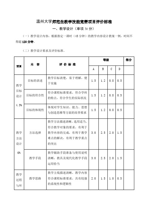 温州大学师范生教学技能竞赛项目评价标准