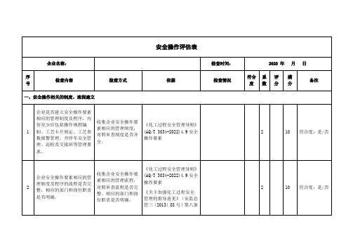 安全生产分级分类监管实施方案评估表——安全操作评估表