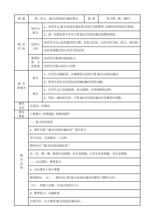 人教版一年级数学下册第二单元复习教案