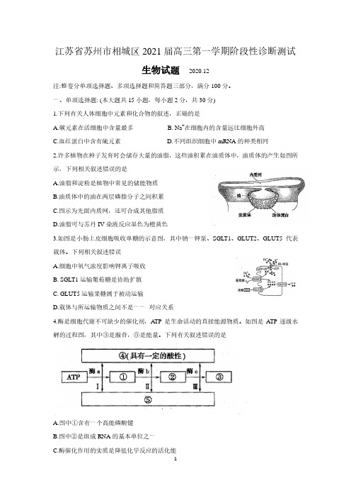 江苏省苏州市相城区2021届高三第一学期阶段性诊断测试(12月)生物试卷(含答案)