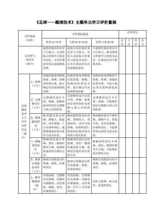 《足球——踢球技术》主题单元学习评价量规