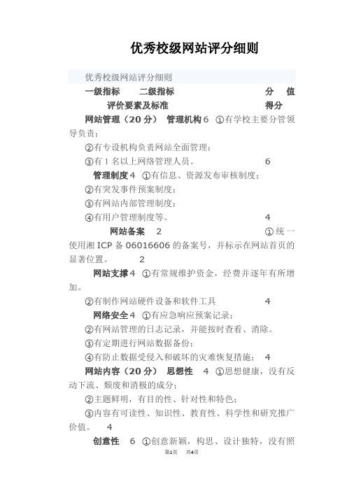 【学校管理规章制度】优秀校级网站评分细则