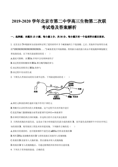 2019-2020学年北京市第二中学高三生物第二次联考试卷及答案解析