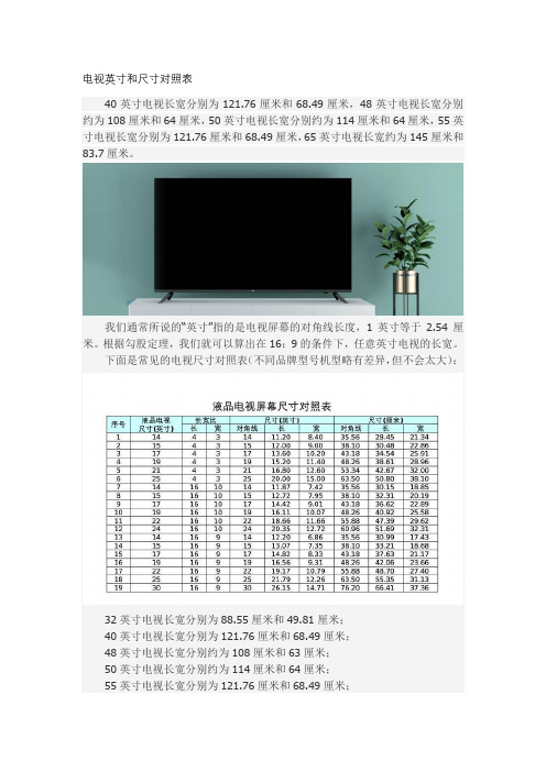 电视英寸和尺寸对照表