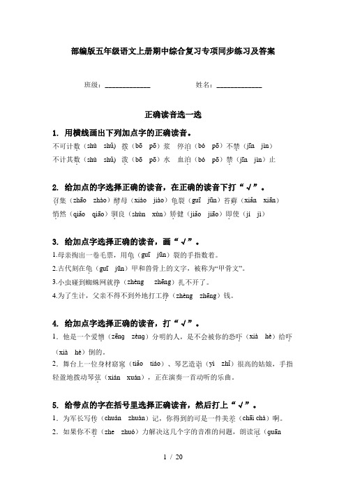 部编版五年级语文上册期中综合复习专项同步练习及答案