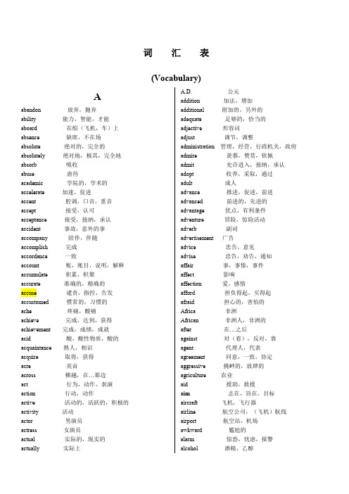 北京地区成人本科学位英语考试大纲词汇表