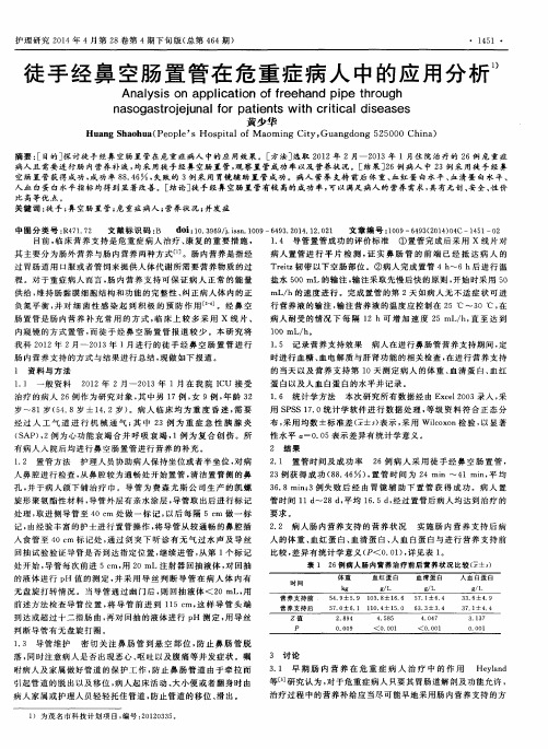 徒手经鼻空肠置管在危重症病人中的应用分析