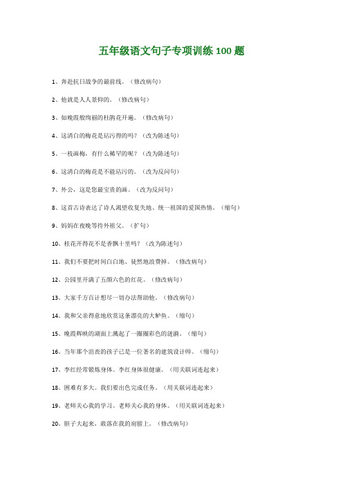 小学五年级语文句子专项训练100题及参考答案