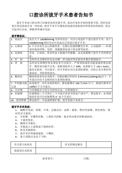 口腔诊所拔牙手术患者告知书