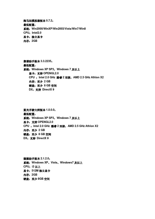 各种模拟器对电脑配置要求