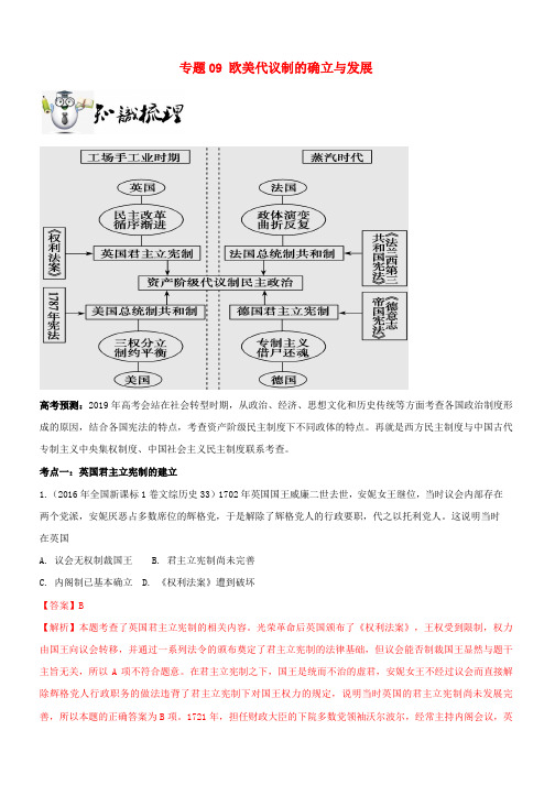 2019年高考历史一轮总复习巅峰冲刺专题09欧美代议制的确立与发展突破含解析