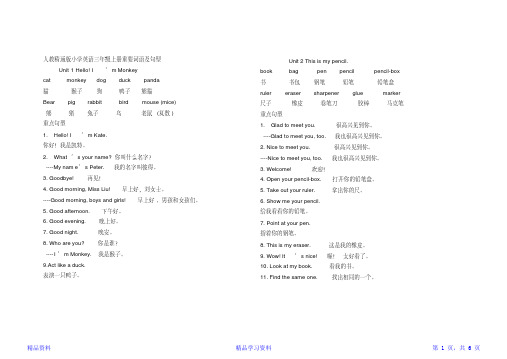 人教精通版小学英语三年级重点句型和单词汇总(精华)