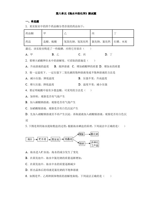 鲁教版化学九年级下册第八单元《海水中的化学》测试题(含答案)