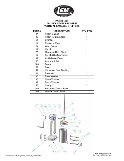 Lem Products #606 垂直馅肠填充机的零件清单说明书