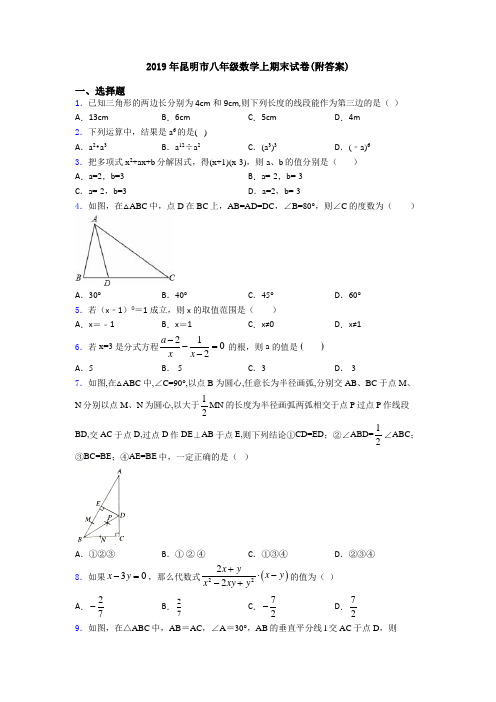 2019年昆明市八年级数学上期末试卷(附答案)