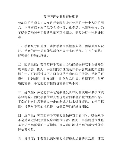 劳动防护手套测评标准表