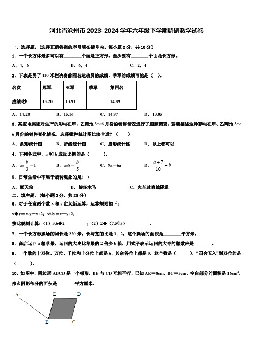 河北省沧州市2023-2024学年六年级下学期调研数学试卷含解析