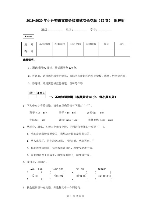 2019-2020年小升初语文综合检测试卷长春版(II卷) 附解析