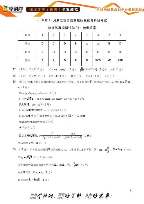 11月浙江省普通高校招生选考科目考试物理仿真模拟试题01(参考答案)