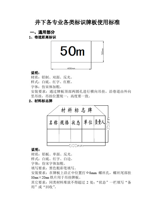 井下各专业各类标识牌板使用标准