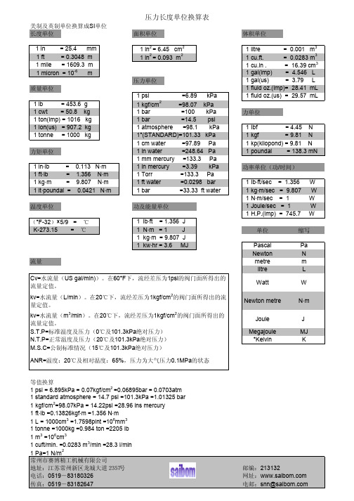 美制及英制单位换算成SI单位