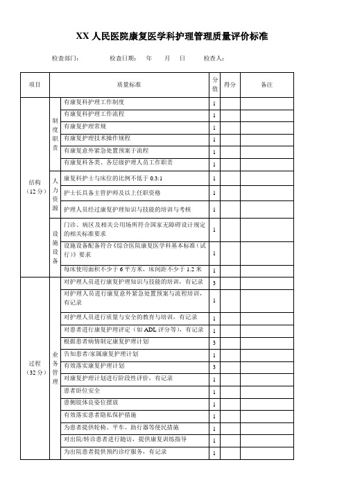 康复医学科护理管理质量评价标准