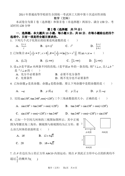 2014年普通高等学校招生全国统一考试西工大附中第十次适应性训数学(文科)