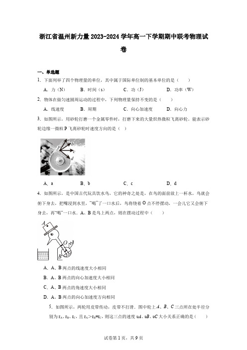 浙江省温州新力量2023-2024学年高一下学期期中联考物理试卷