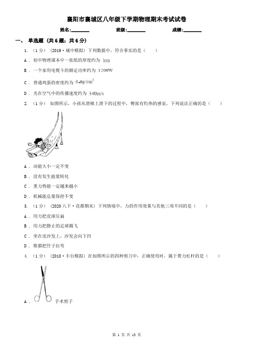 襄阳市襄城区八年级下学期物理期末考试试卷