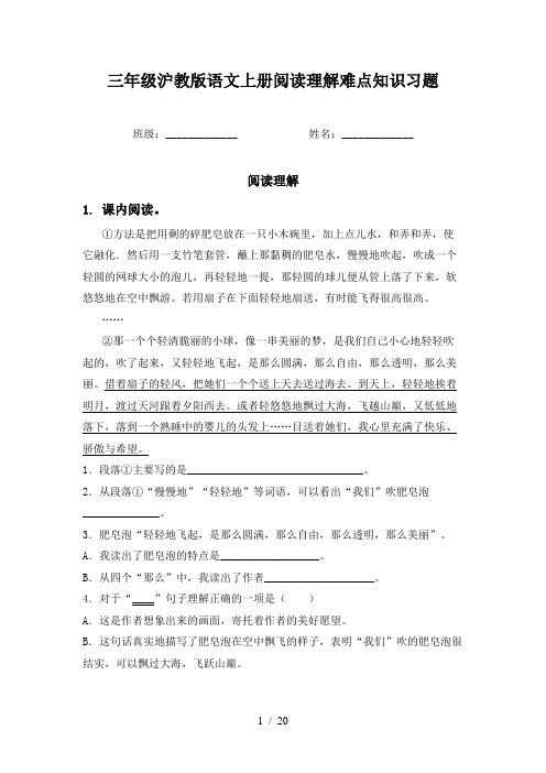 三年级沪教版语文上册阅读理解难点知识习题