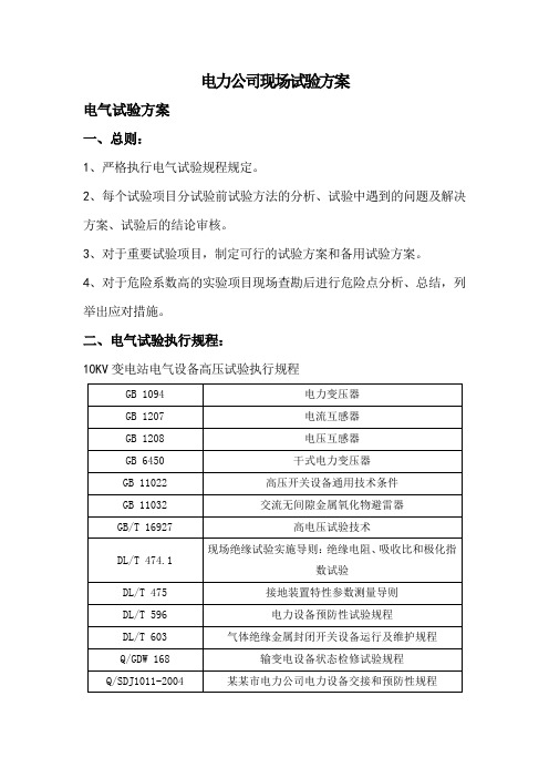 10kV开关柜、避雷器、变压器试验方案