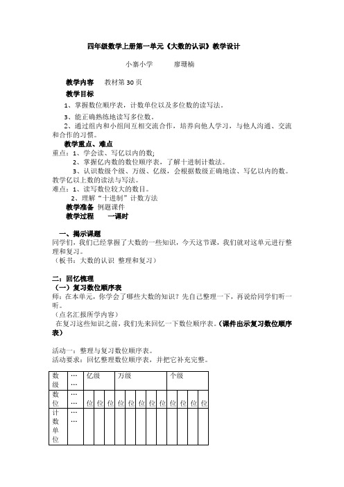 小学人教四年级数学《大数的认识复习和整理》课程设计