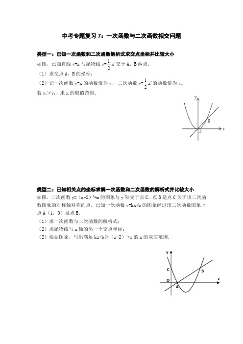 中考专题复习7：一次函数与二次函数相交问题