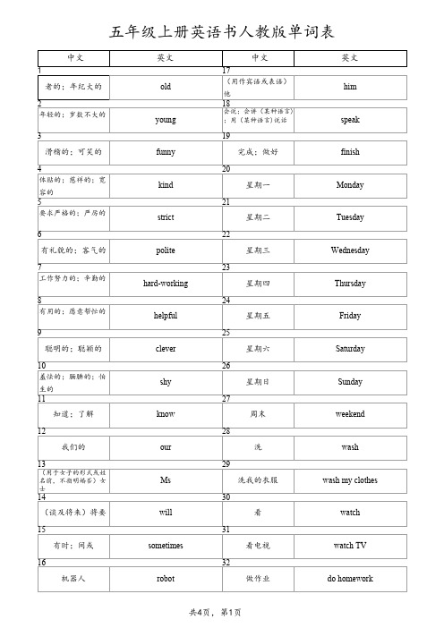 五人教版英语上册单词表