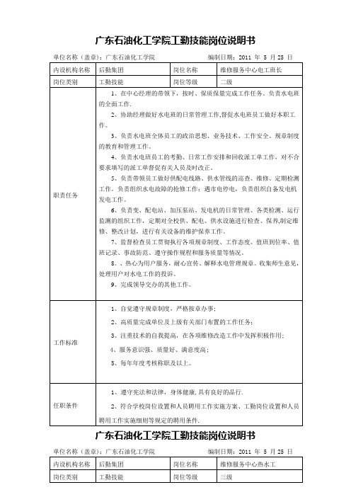 广东石油化工学院工勤技能岗位说明书