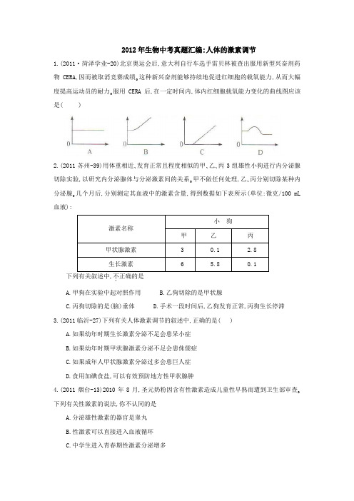 2012年生物中考真题汇编：人体的激素调节(附带答案复习提纲)