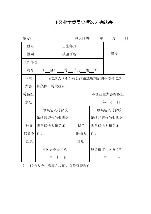 小区业主委员会候选人确认表