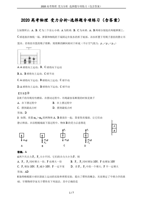 2020高考物理 受力分析 选择题专项练习(包含答案)