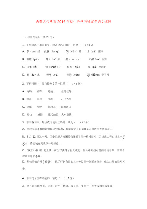 2016内蒙古包头中考语文卷(含解析)