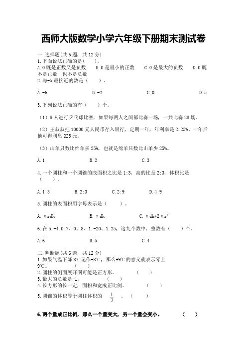 西师大版数学小学六年级下册期末测试卷附参考答案(能力提升)