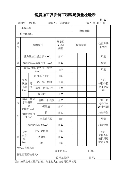 钢筋加工及安装工程现场质量检验表