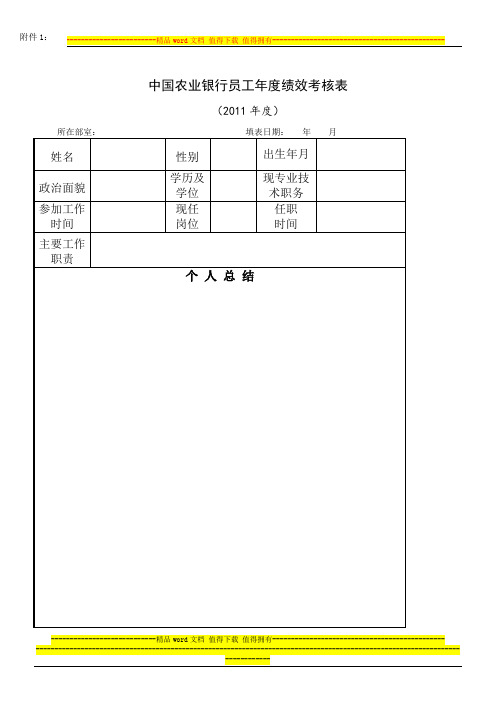 中国农业银行员工2011年度绩效考核表