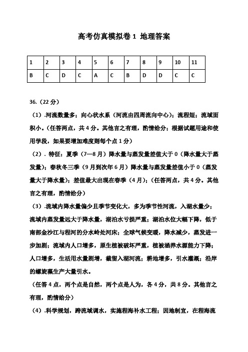 云南民族大学附属中学2020届高三第一次高考仿真模拟文科综合试题地理答案