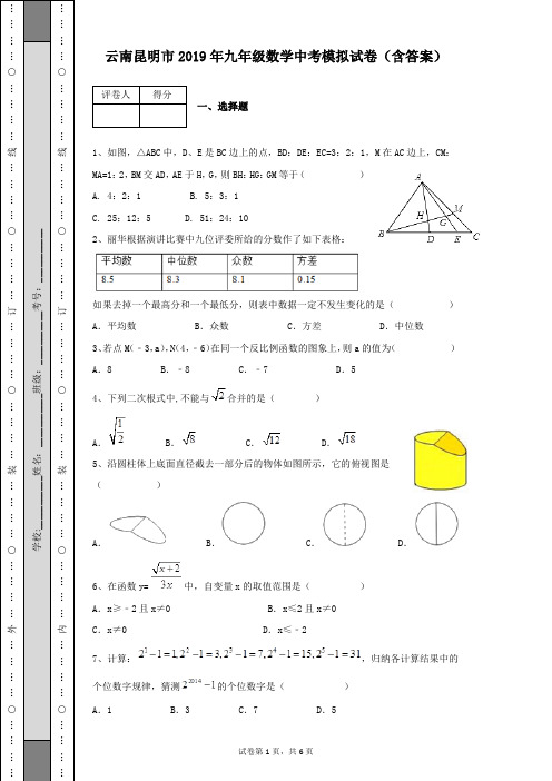 云南昆明市2019年九年级数学中考模拟试卷含答案及详细解析