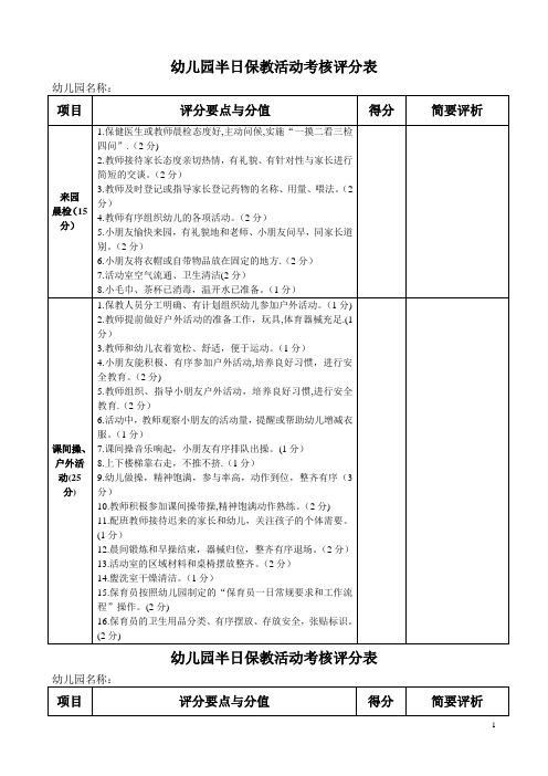 幼儿园半日保教活动考核评分表